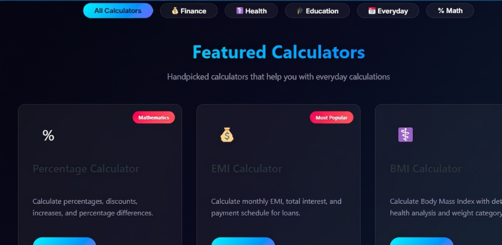 Featured tools dashboard grid showcasing the best free online calculators by Tanveer AI Tools