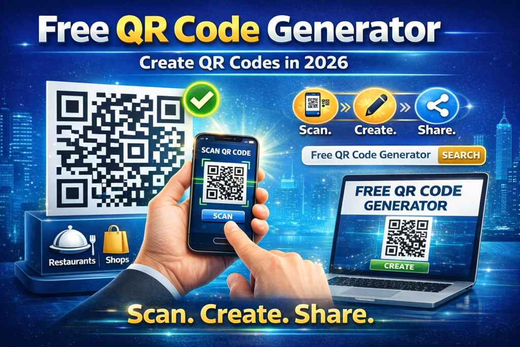free QR code generator infographic showing smartphone scanning process and creation steps