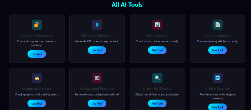 Screenshot of "All AI Tools" dashboard showing a dark-themed grid layout with 8 AI tool cards including Password Generator, QR Code Generator, Word Counter, Text Summarizer, Grammar Checker, Background Remover, Similarity Checker, and Article Rewriter. Each card features an icon, tool name, brief description, and a blue "Use Tool" button.